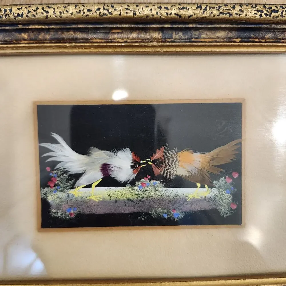 Vtg Mexican Feather Folk Art Rooster Cockfighting Scene Framed Wall Decor